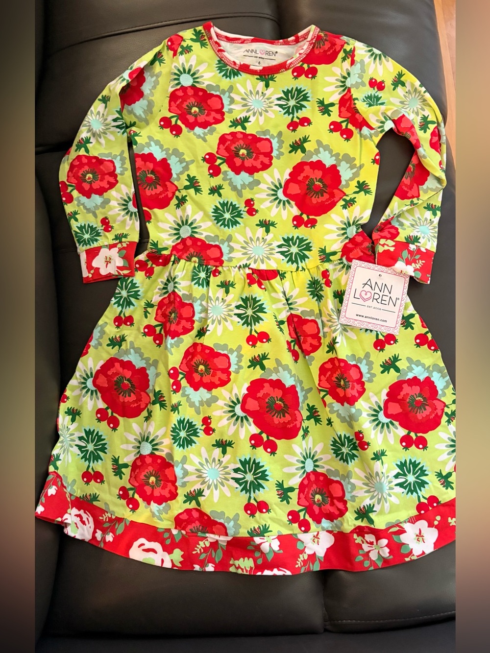 Ann Loren Green Dress with Red Floral Print